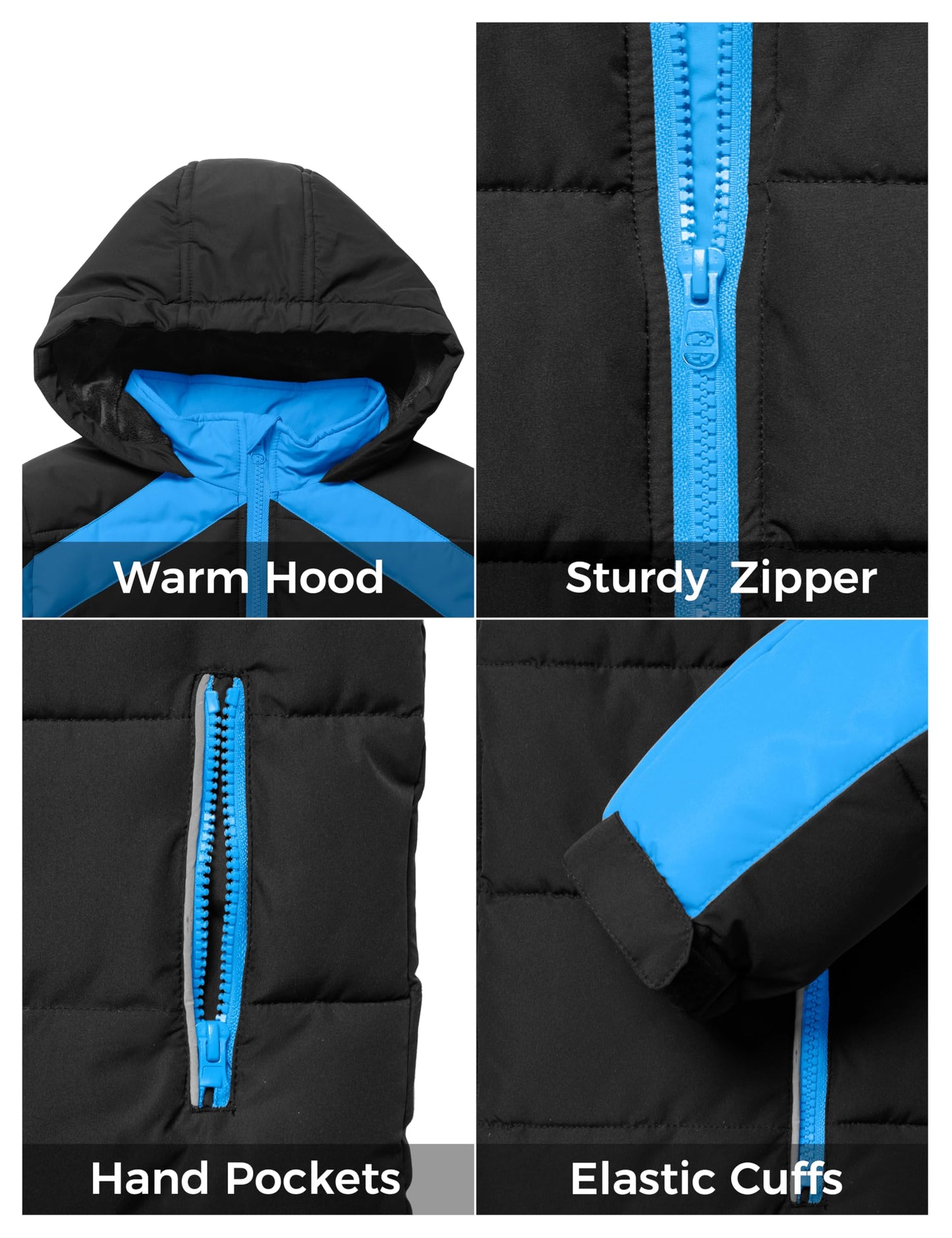 ZSHOW Boys' Puffer Jacket Warm Down Alternative Coat Hooded Outerwear Jacket(Black & Blue,14-16)