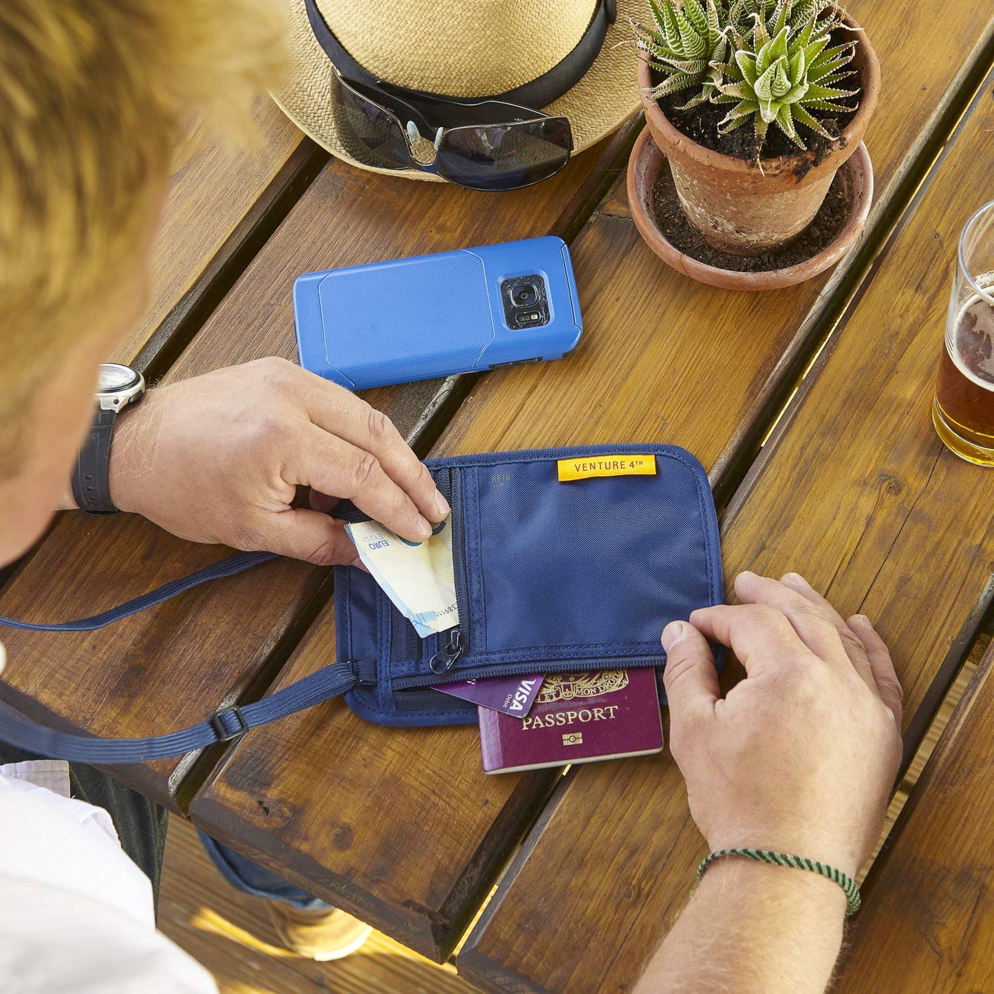 VENTURE 4TH Slim Passport Holder Neck Pouch with RFID Blocking Travel Neck Wallet and a Nylon Lining (Navy Blue))