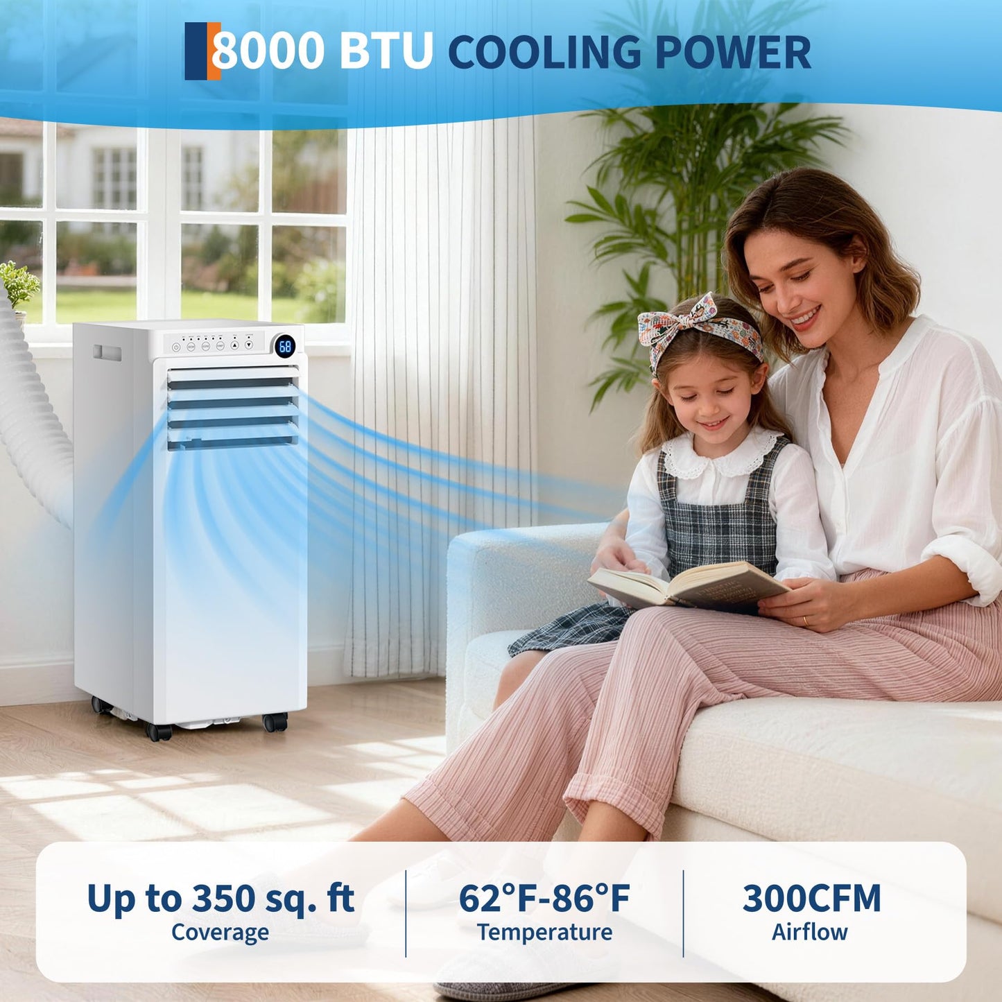 Portable Air Conditioners 8,000 BTU, 4-IN-1 Portable AC Unit for Rooms to 350 Sq. Ft. with Cooling, Dehumidifier, Fan & Sleep Modes, LED Display, 24H Timer, Remote Control, Installation Kits Included