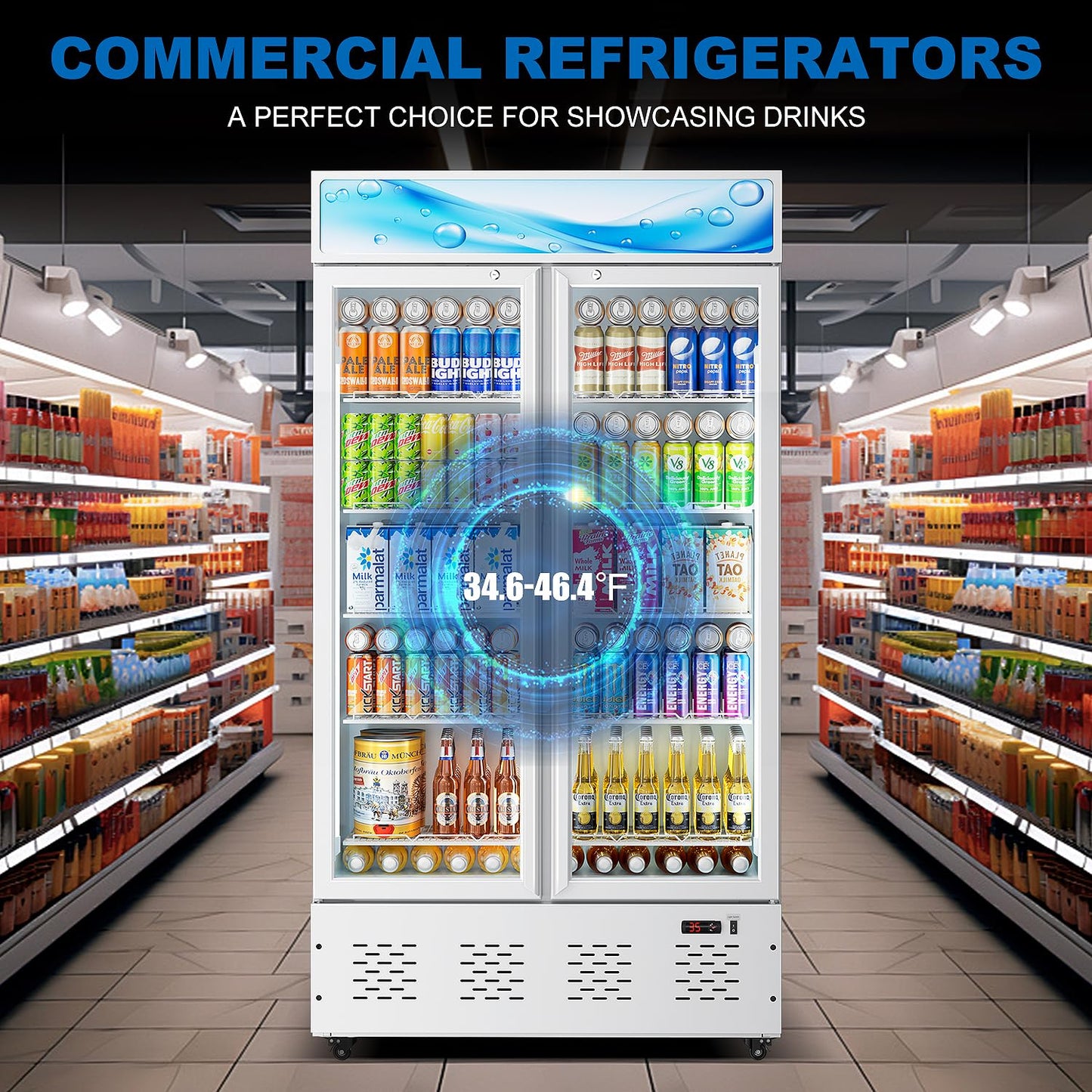 ECEVT 41.34'' W Commercial Beverage Refrigerators, 30 Cu.ft Glass Door Refrigerator Commercial with LED Light and 10 Shelves, Display Refrigerator for Restaurant Store Cafe Bar, White
