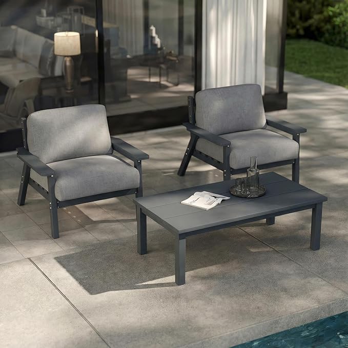 Patio Kingdom Patio Furniture Set with Washable Thick Gray Cushions, HDPE Outdoor Couch, All-Weather Outdoor Sectional Furniture, Patio Conversation Sets for Lawn, Garden, Porch (Grey Frame)