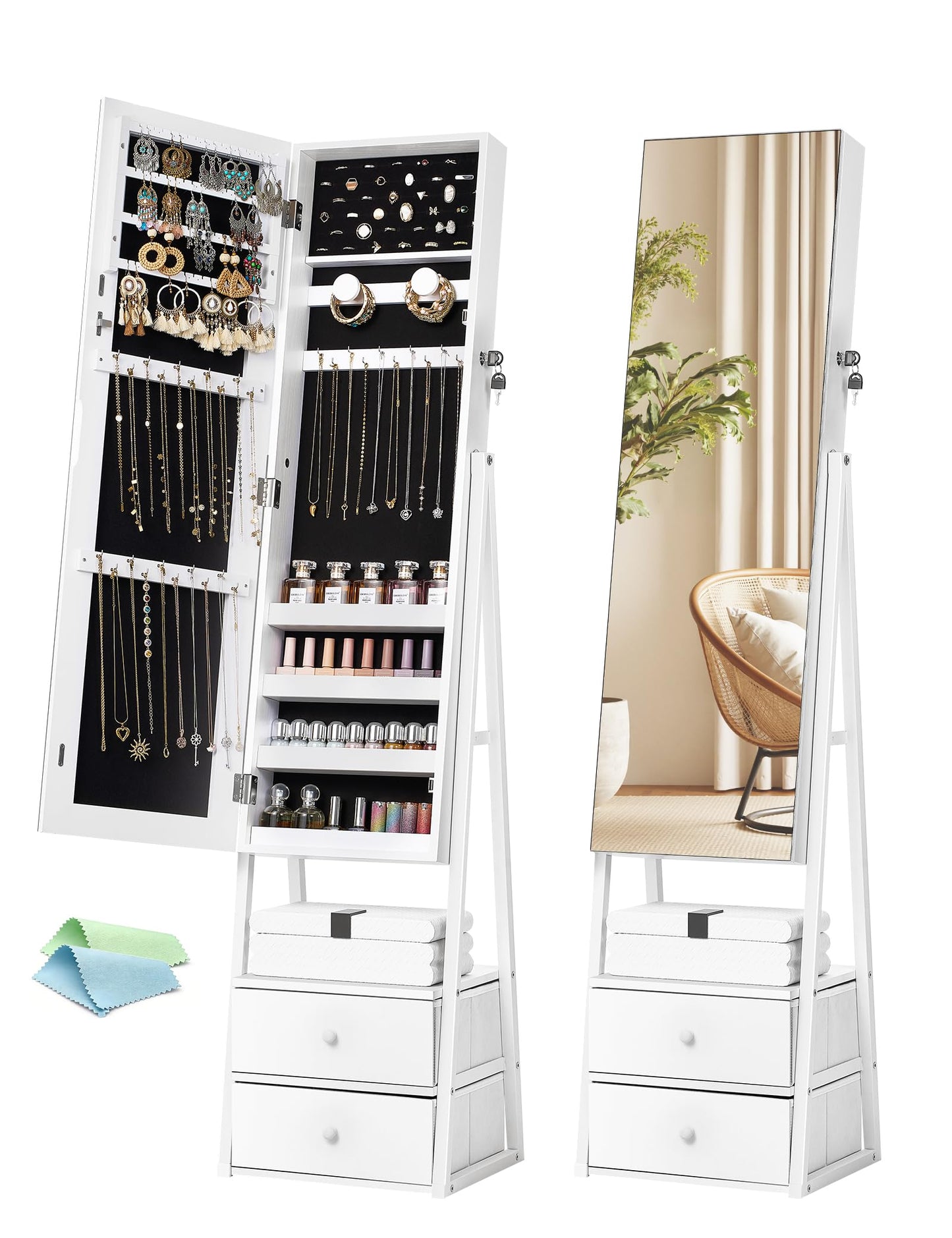 Nicetree Jewelry Cabinet, Standing Jewelry Mirror with Storage, Mirror Jewelry Armoire with 2 Drawers, Lock, Shelf, Polishing Cloth, Grain White