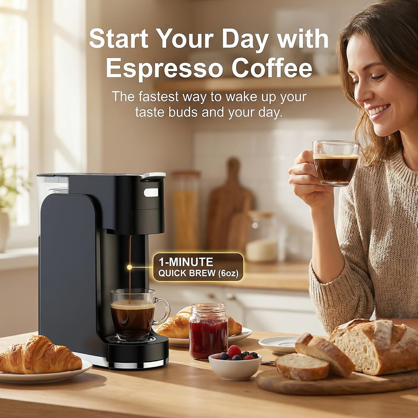 All-in-1 Single Serve Coffee Machine, Hot and Iced Coffee Maker for Ground Coffee, K-Cup Pod, NES Original and DG Pod, 20 Bar Espresso Coffee Maker, Customizable Brew Volume, Heats up in 3 seconds