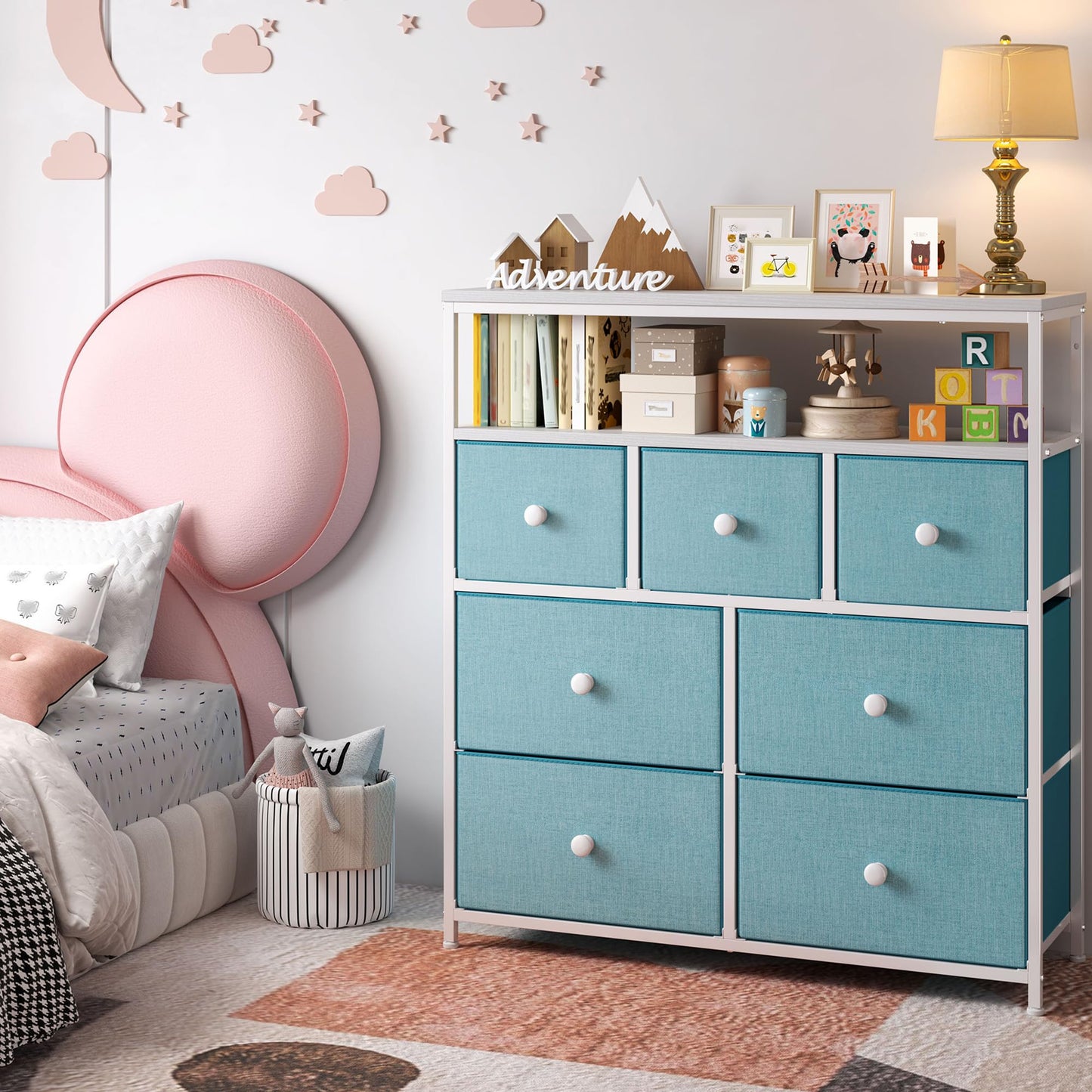 Dresser for Bedroom with 7 Drawers, Purple Dressers & Chests of Drawers, Dresser for Clothes Storage with Wooden Top and Metal Frame, Entertainment Center, Green