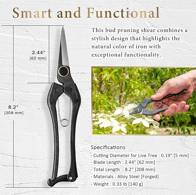 Japanese-Made Bud Cutting Pruning Shears for Gardening, Precision Hand Pruner for Live Branches & Stems, Clean Cut Pruning Scissors for Bonsai, Flowers & Plants (Double-blade)