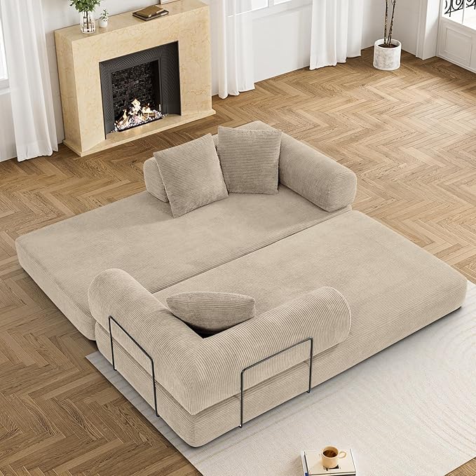 DAMAIFROM Convertible Sleeper Sofa Bed with Cylindrical Pillow, Corduroy Folding Mattress Couch with Fixed-Shape Frame, Modular Floor Sofa Lounge Couch for Living Room Bedroom Lounge, Light Brown