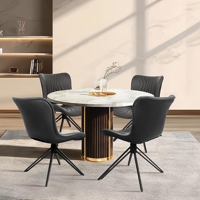 VATROS Dining Chairs Set of 6, 360° Swivel Upholstered Mid-Century Modern Kitchen Dining Room Chairs, Armless Faux Leather Accent Side Chair with Padded Back, Metal Legs for Living Room,Black