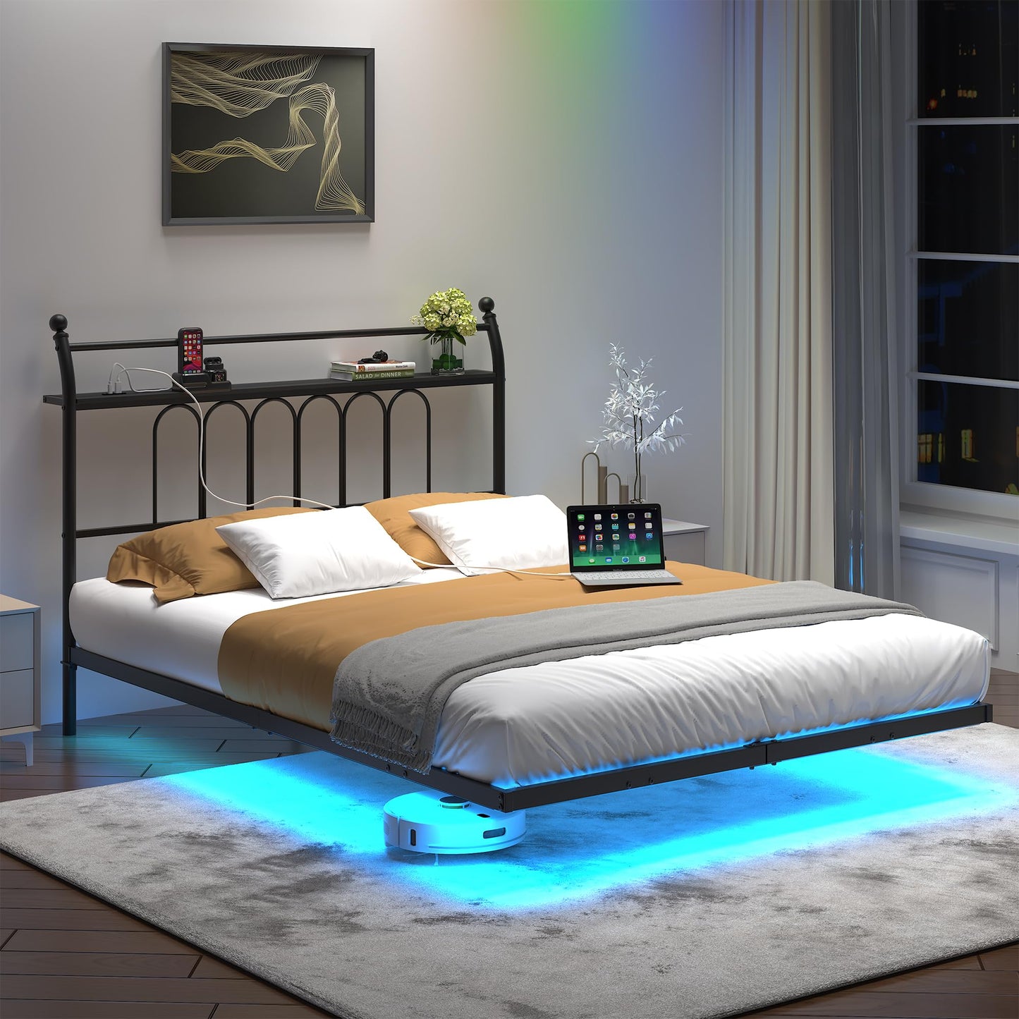 VERFARM Floating Double Bed Frame with USB Charging Station, LED Bed Frame with Wood Storage Headboard, Metal Platform Bed Frame Full Size, No Box Spring Needed, Steel Slat Support, Easy to Assemble