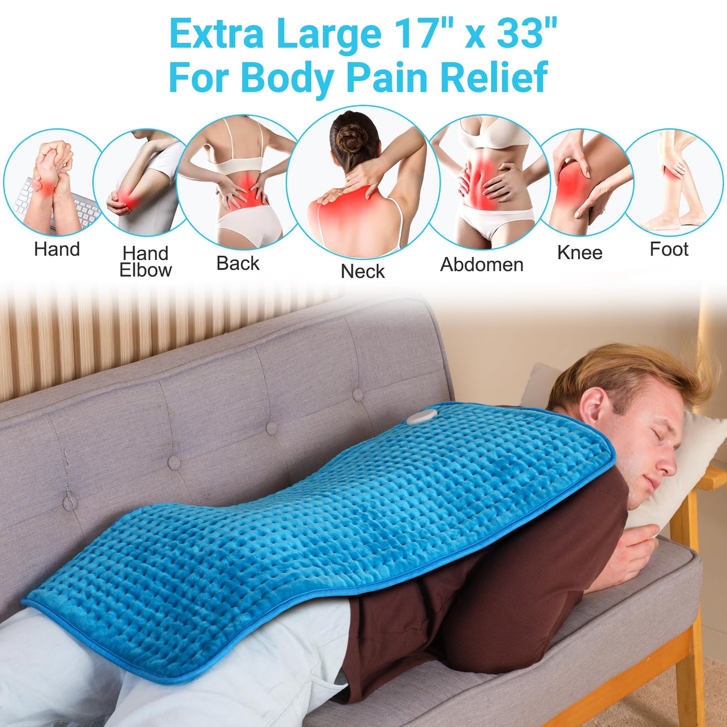 Boileau Electric Heating Pad for Back Pain and Period Cramps Relief, 17"x33" Extra Large XXXL, 3 Heating Levels Heat Pad with 2-Hour Auto Shut Off, Gifts for Women and Mom, Blue