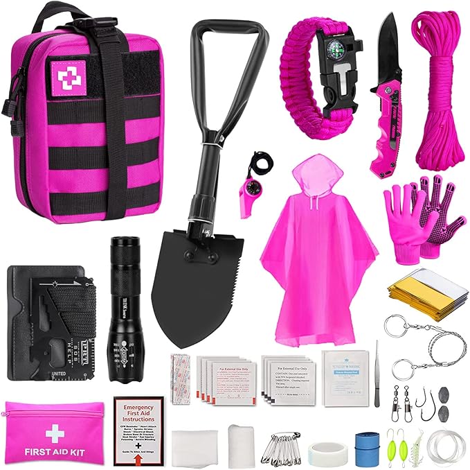 ThinkLearn Pink Survival Kits with First Aid Kit, Hiking Camping Gear and Equipment for Women, Professional Bug Out Bag Su...