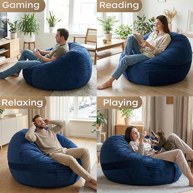 YuppieLife Large Foam Filled Bean Bag Chairs for Kids Teenagers Adults Living Room Gaming Relaxing 4F Machine Washable Lazy Sofa（Blue