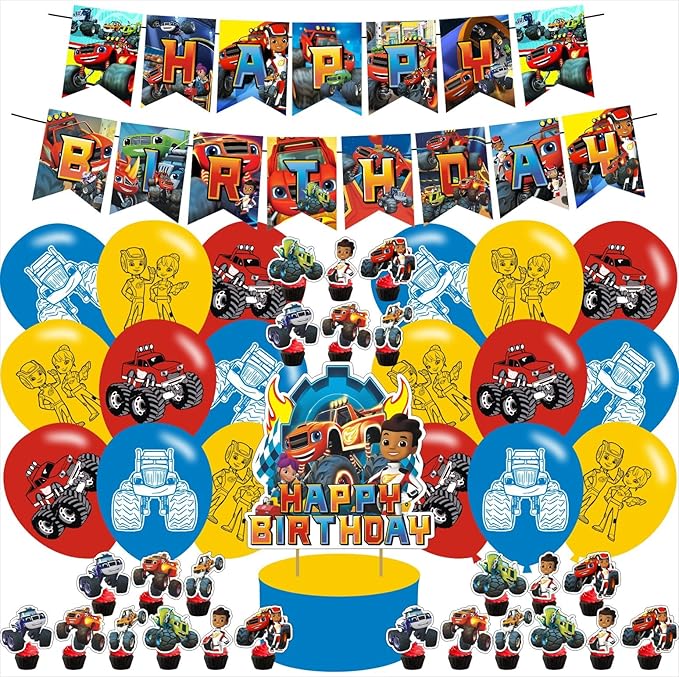 Blaze and The Monster Themed Birthday Party Supplies Set Happy Birthday Banner, Cake Topper, Cupcake Toppers, Balloons Sti...