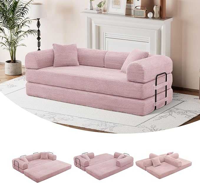 ZQRhome 79" 5-in-1 Convertible Sofa Bed, Luxe Sleeper with Reinforced Frame & Plush Support, No Assembly Corduroy Couch for Lounge, Bedroom & Dorm, Pink