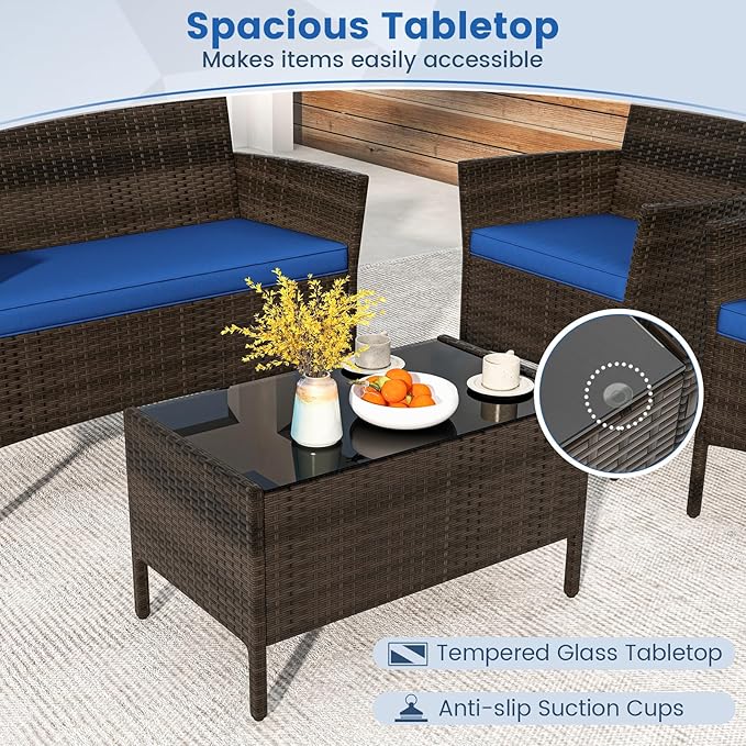HAPPYGRILL 4 Pieces Outdoor Rattan Conversation Set, Patio Wicker Furniture Set with Loveseat Chairs & Tempered Glass Coffee Table, Outside Sectional Sofa Set for Backyard, Garden Poolside