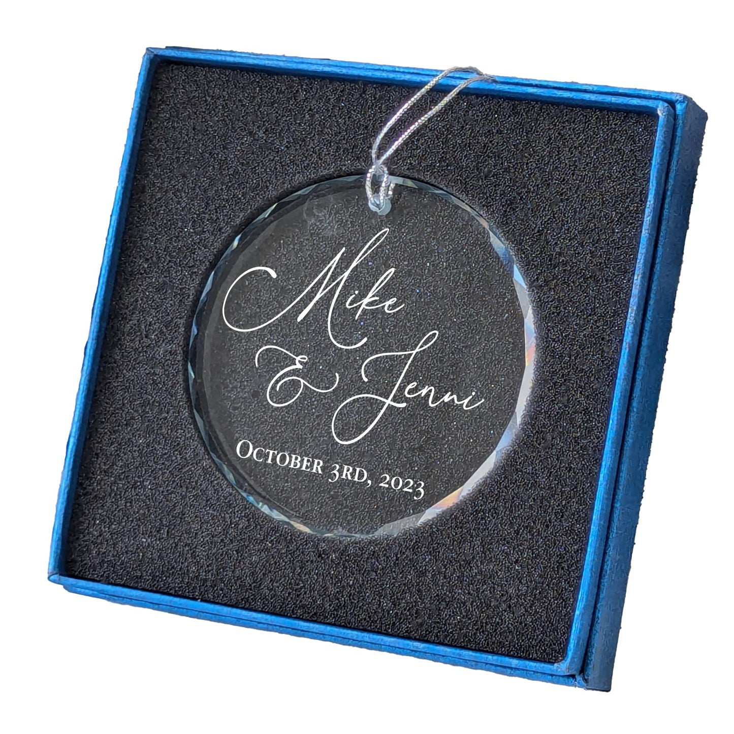 Personalized Glass Crystal Ornament - Custom Name and Date - Includes Blue Gift Box