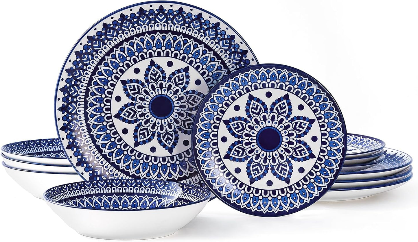 Bestone Porcelain Dinnerware Sets Service for 4, 12 pcs Hand drawn Plates and Bowls Sets, Handmade Ceramic Dish Set, Chip Resistant Modern Plate Set, Dishwasher/Microwave Safe，Vintage Blue