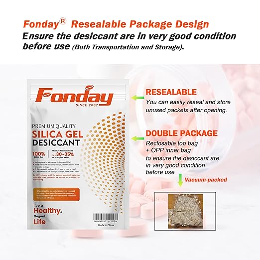 50g x 10 packs Fonday Rechargeable Silica Gel Desiccant Packets Food Grade Fast Reactivate Desiccant Bags Moisture Indicating Orange to Green