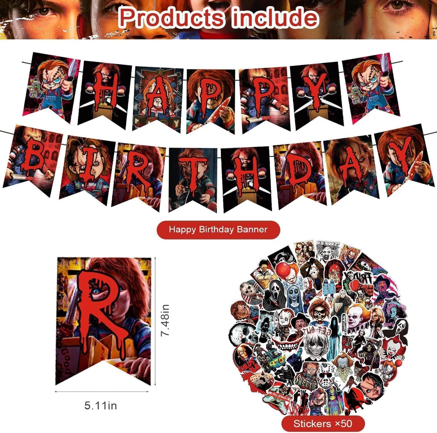 Chucky Party Decorations,Birthday Supplies For Horror Movie Includes Banner - Cake Topper 12 Cupcake Toppers 18 Balloons -50 Stickers