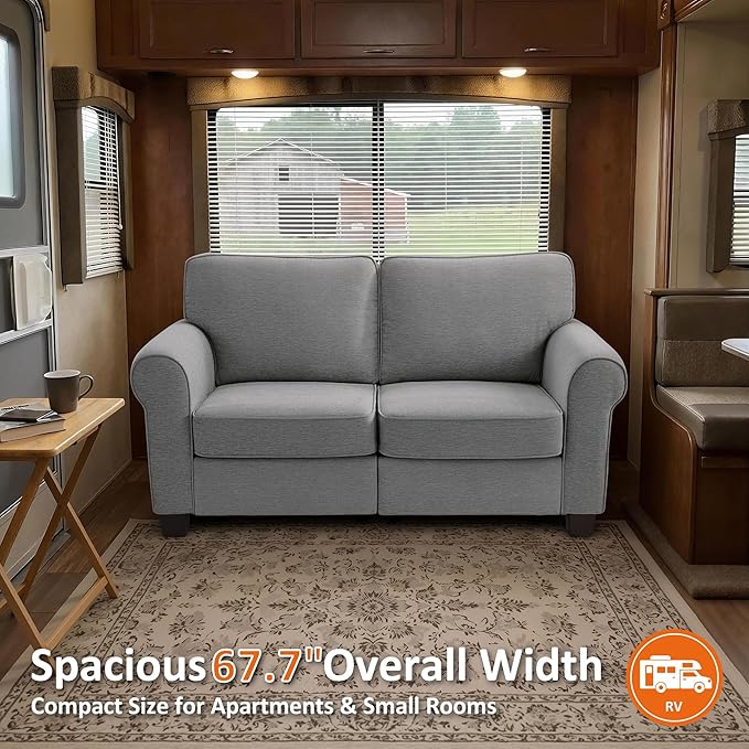 MCombo 67.7" Loveseat Sofa, 2-Seater Small Couch for Small Spaces, Classic Rolled Arm Upholstered Sofa with Solid Wood Legs for Living Room, Removable Cover, Chenille Fabric VE730 (Light Grey)