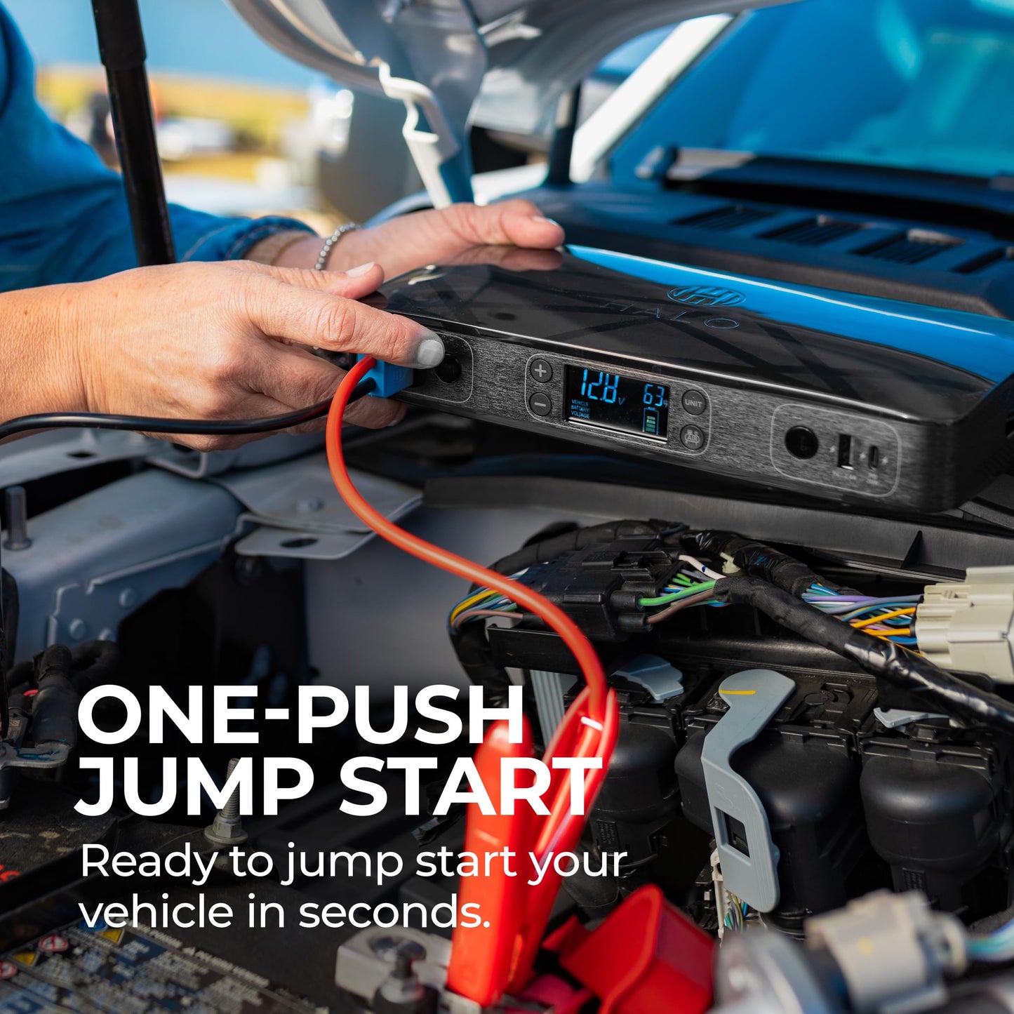HALO Bolt Ultimate 2 Portable Car Battery Jump Starter | 130 PSI Air Compressor, 55.5Wh USB Power Bank with AC Outlet, Emergency Floodlight & Charger, Jumps Cars SUVs & Trucks, Inflates Tires — Gray