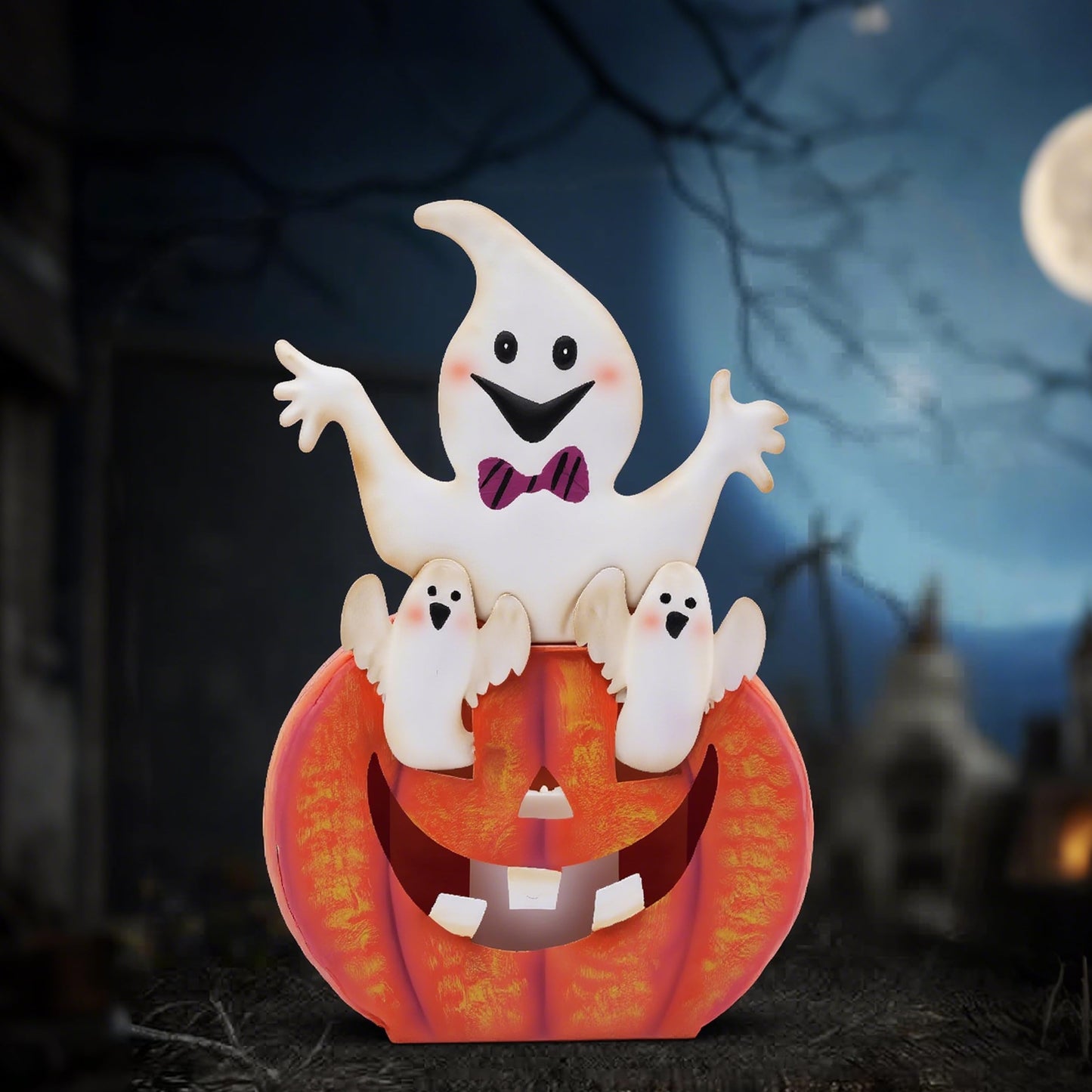 TERESA'S COLLECTIONS Halloween Decorations, Ghost and Pumpkin Halloween Decor, Large Ghost and Orange Jack O Lantern with Light, 12", Metal Outdoor Garden Statue, Indoor/Outdoor