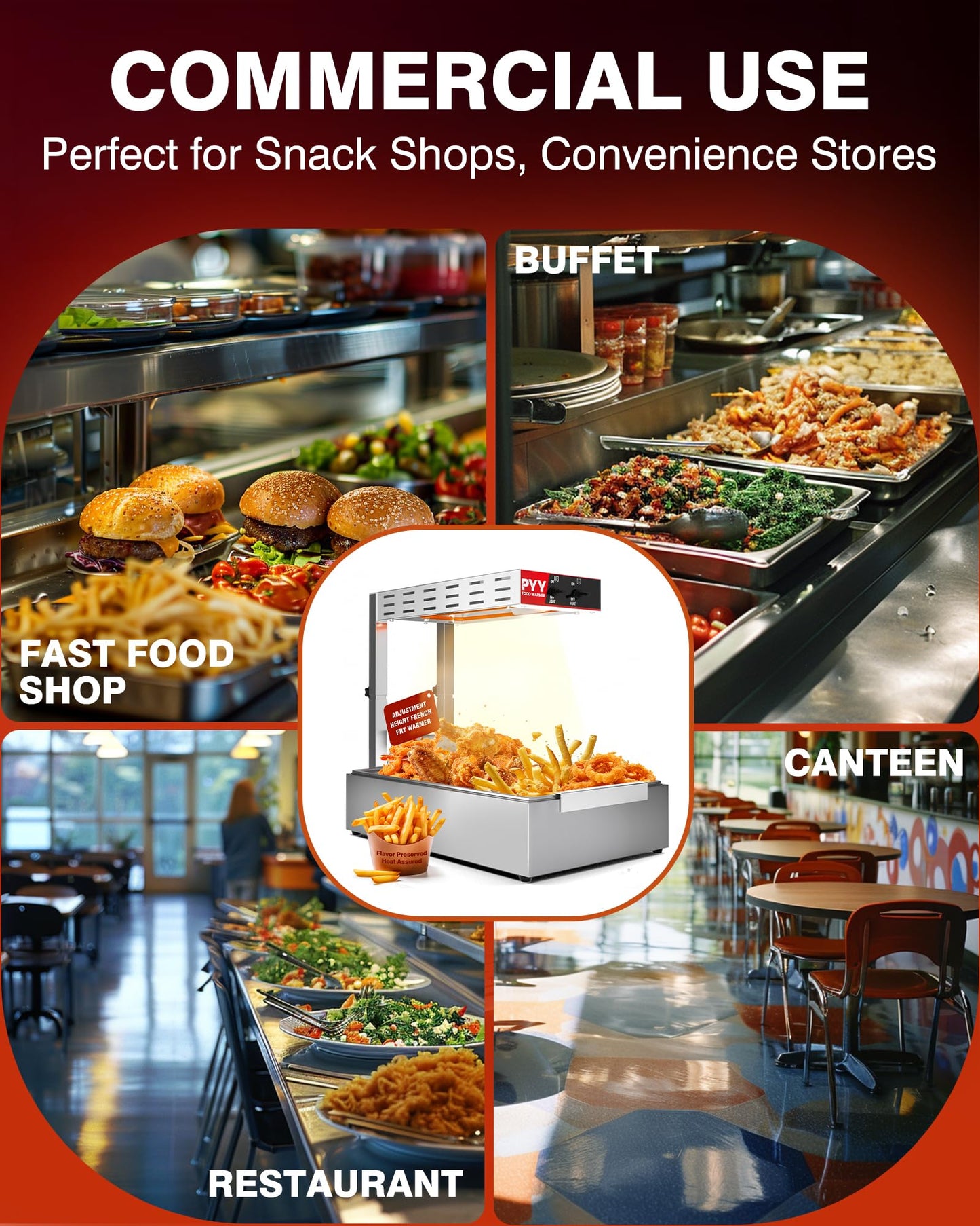 PYY French Fry Warmer - Update Commercial Food Heat Lamp Fry Dump Station Chip Warmer Food Warmer Adjustable Height 7.9"-11" Temp 86°F-156°F Countertop Freestanding for Restaurant Buffet
