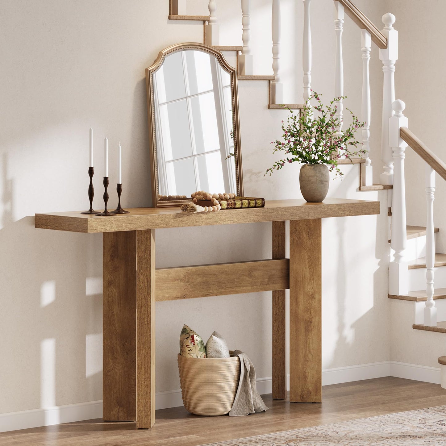Tribesigns 63-Inch Farmhouse Console Table, Long Wooden Sofa Table Behind Couch with H-Shaped Frame for Entryway, Foyer, Hallway, Living Room, Easy Assembly, Brown