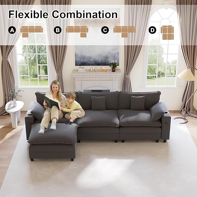 KCGKCG 116" Modular Sectional Sofa, L Shaped Cloud Couch with Movable Ottoman, Chenille Deep Seat Cloud Sofa with Charging Station, Cup Holder, Side Pocket, Sectional Couches for Living Room, Grey