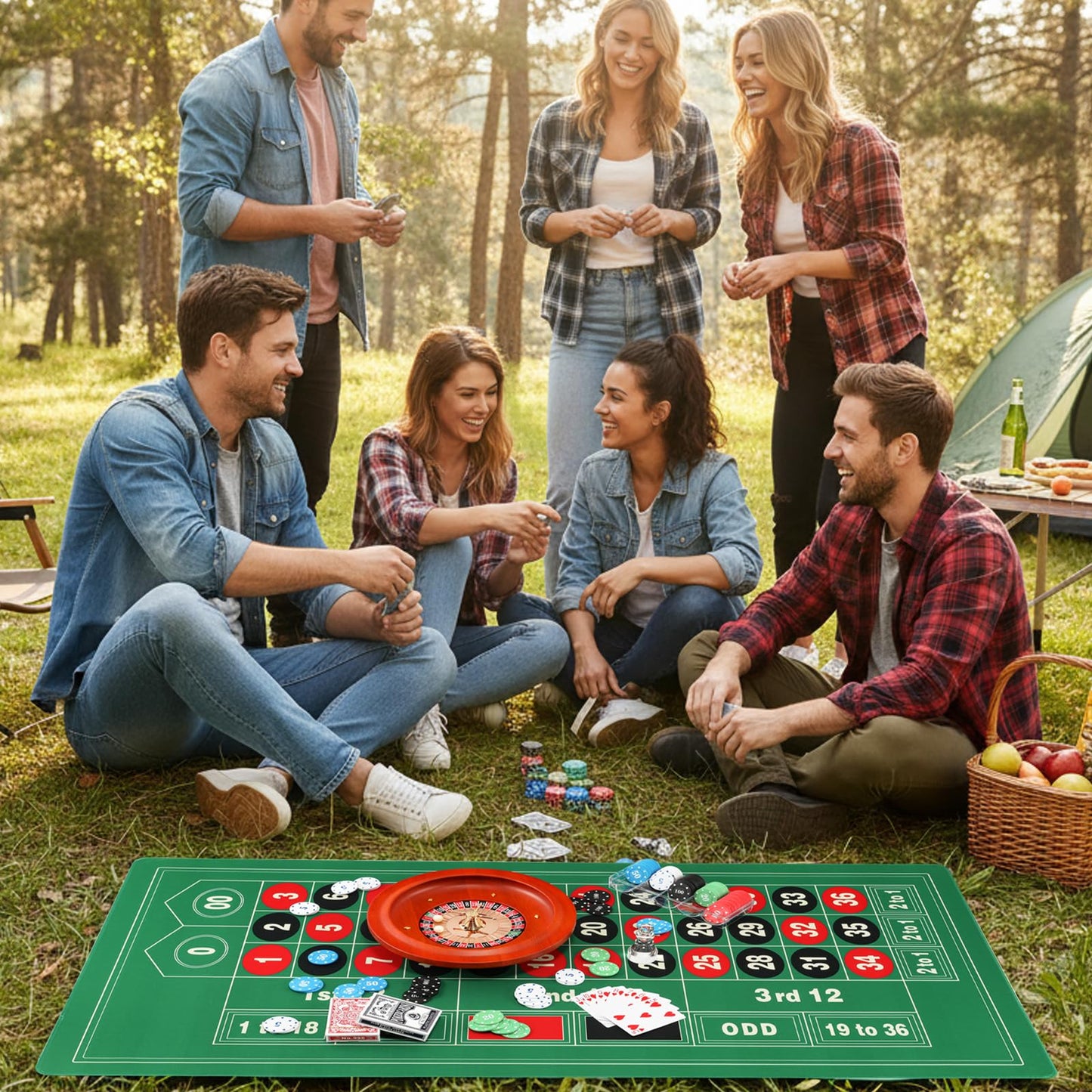 NEWTRY Roulette Wheel Set with 11” Roulette Wheel, Rubber Tabletop Layout Mat (47.2 x 23.6”), Poker Chips (100 pcs), Winner Marker, Playing Cards (2 Deck) Ideal for Party Game Night