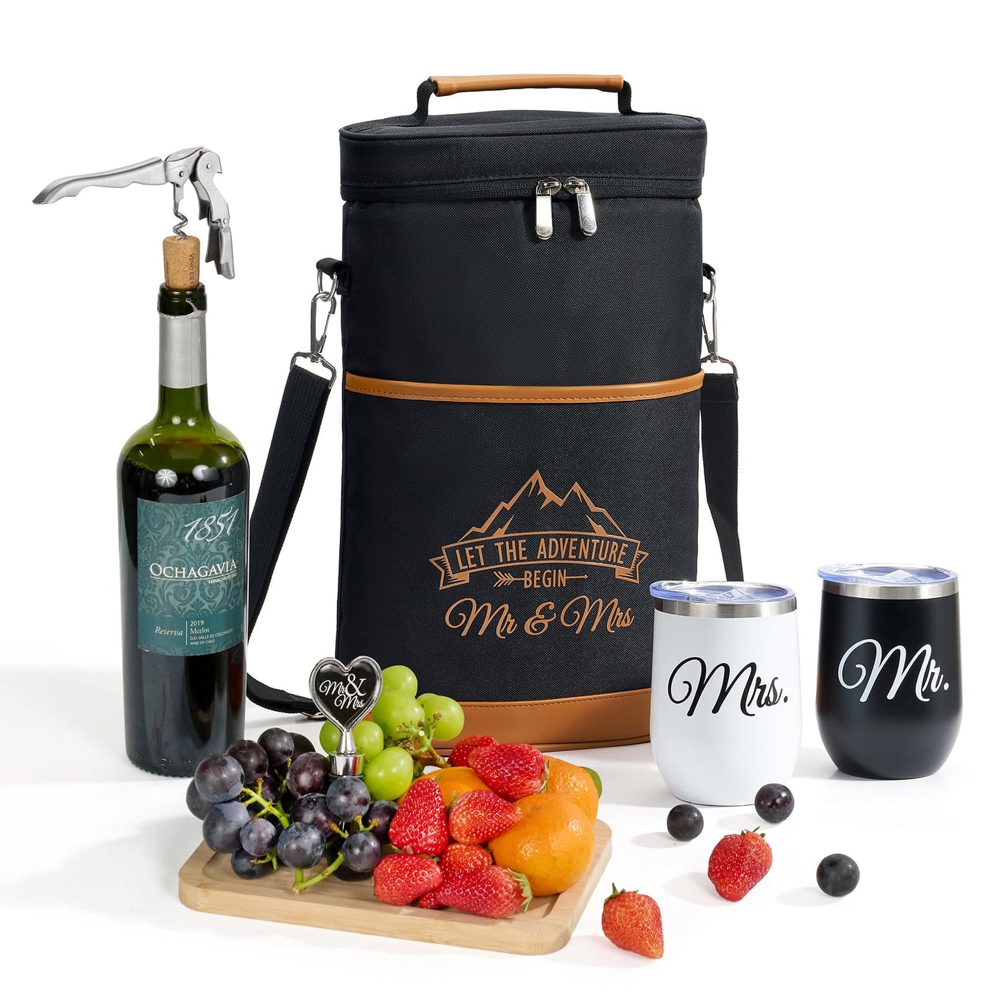 AW BRIDAL Wedding Gifts for Bride Groom, Mr and Mrs Wine Gift Basket for Engagement Bachelorette Party, Anniversary Insulated Wine Cooler Bag Tumblers with Accessories Set for Honeymoon Beach Travel