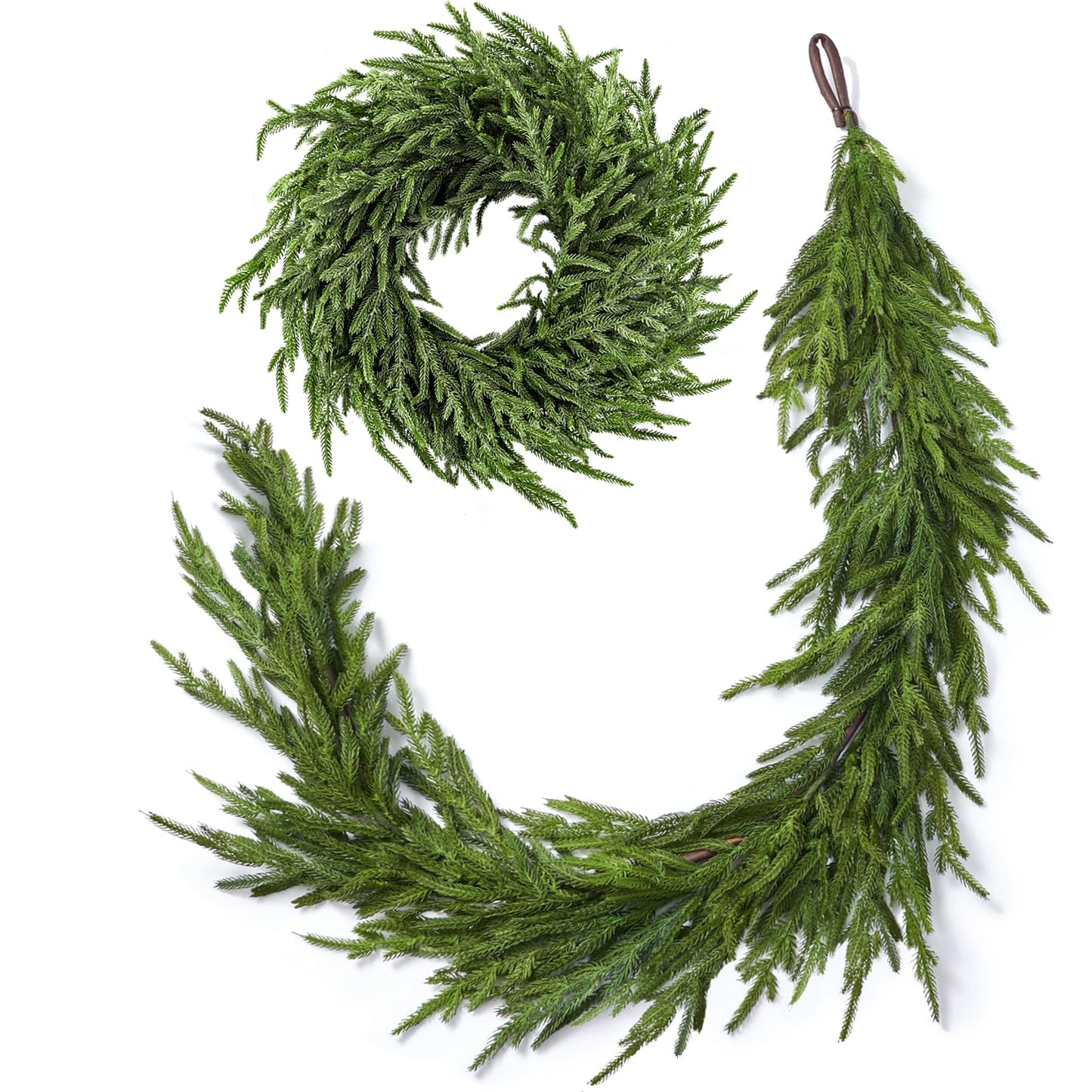 ENVEN Real Touch Norfolk Pine 22IN Green Wreath and Garland Artificial Faux Greenery Norfolk Pine for Holiday Indoor Mantle Decor (6FT)