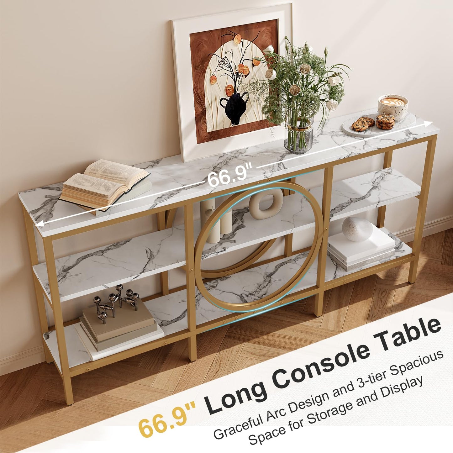 Tarnorci Modern Console Table, 3-Tier Entryway Table with Storage Shelf, 66.9‘’ White Wood Living Room Furniture Bright Decor, Hallway Table for Behind Couch (White+Champagne Gold)