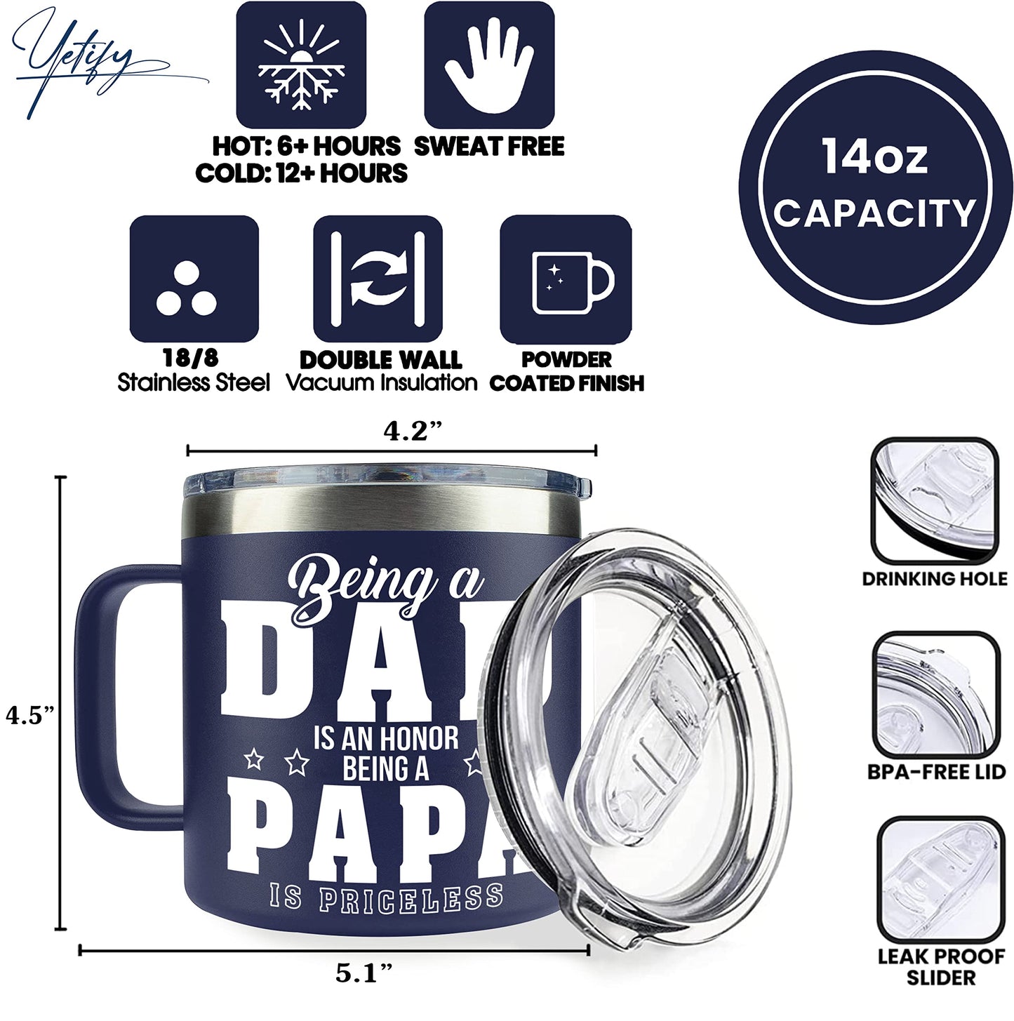 YETIFY Gifts for Papa, Dad from Daughter Son, Kids - Papa Mug for Christmas - Presents for Dad, Grandpa on Birthday - Insulated Stainless Steel Novelty Mug 14oz, Navy