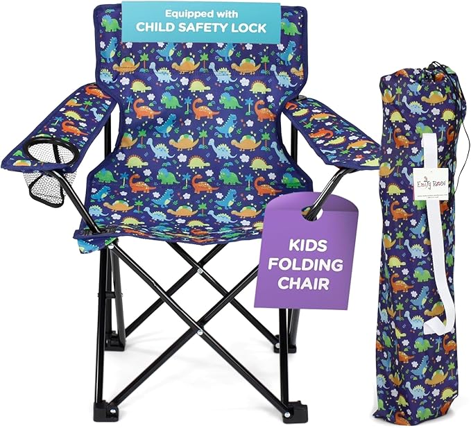 Emily Rose Kids Playful Dinosaurs Folding Beach Camp Chair Ages 2-7 - Toddler Travel Chair with Safety Lock Cup Holder & C...