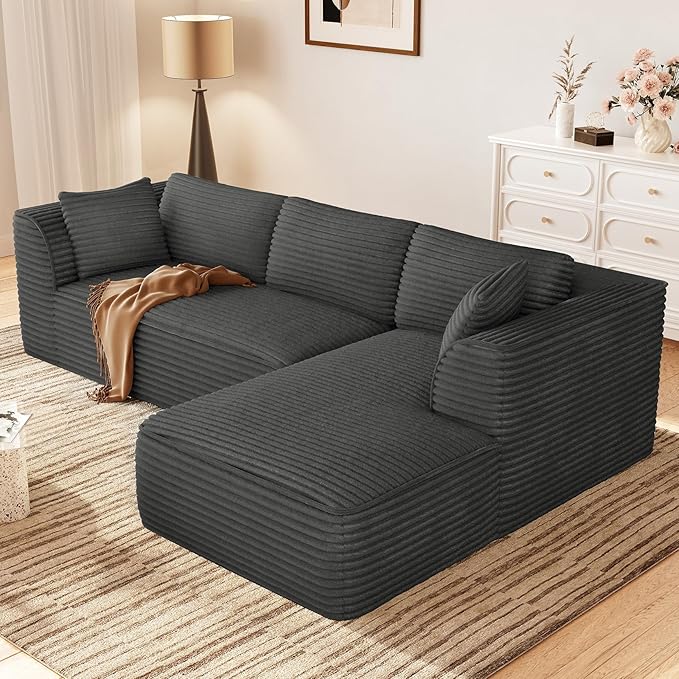Vesgantti 106" Boneless Couches for Living Room, Deep Seat Cloud Sofa Sectional with Chaise, Corduroy Memory Foam Modular Couch Set, No Assembly Required (Dark Grey, Right-Facing Chaise)