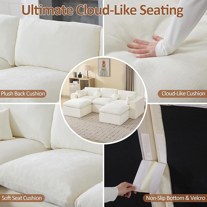 115'' Cloud Boneless Sectional Couch, Modular Sectional Sofa Deep Seat with 2 Ottomans, Oversized Upholstered Convertible Comfy 5 Seater Chenille Sofa U Shape Couches for Living Room, Beige