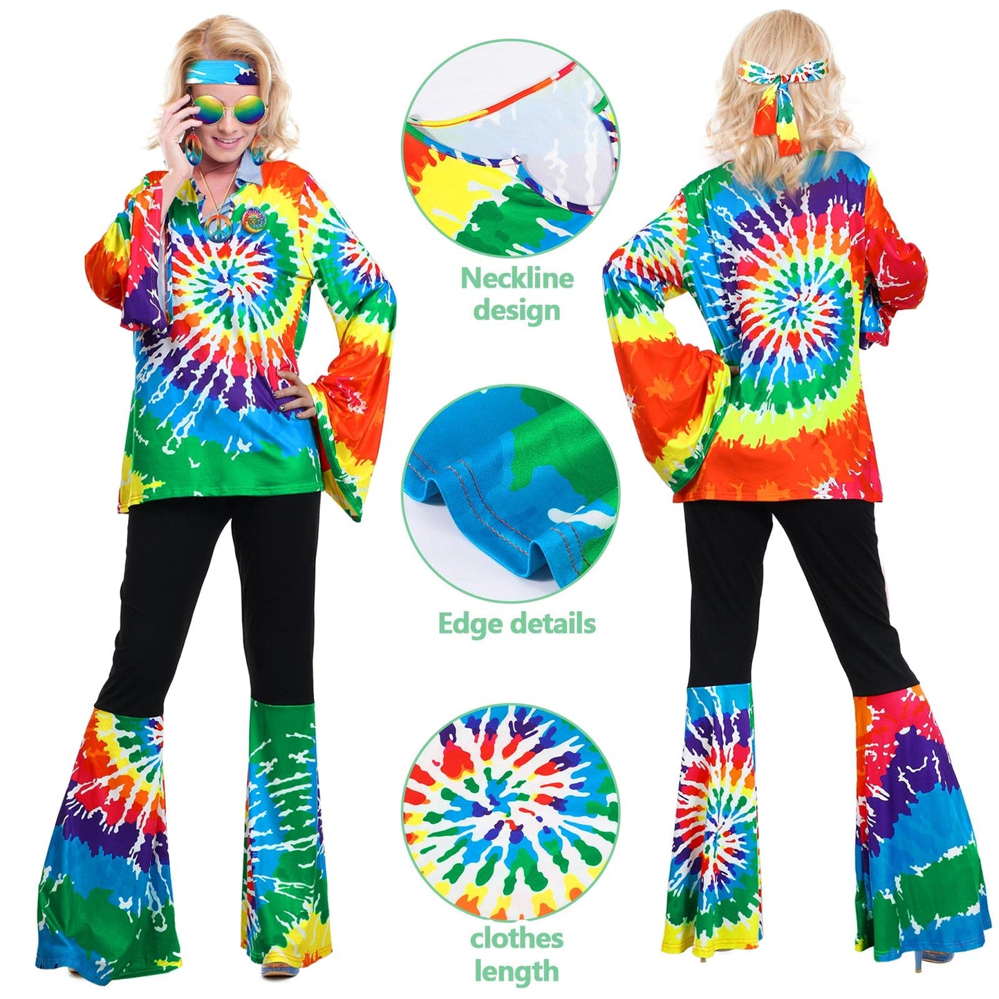 Jiuguva 17pcs 60s 70s Outfits for Women Hippie Costume Set Disco Outfit (Rainbow,X-Large)