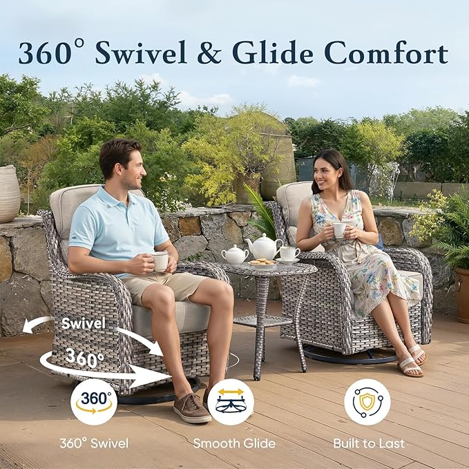 Belord Luxury 6" Thick Cushioned Outdoor Swivel Rocker Patio Chairs of 2, High Back Wicker Patio Furniture Set with Ergonomic Zone Back, Conversation Glider Set for Deck Porch - Grey+Beige