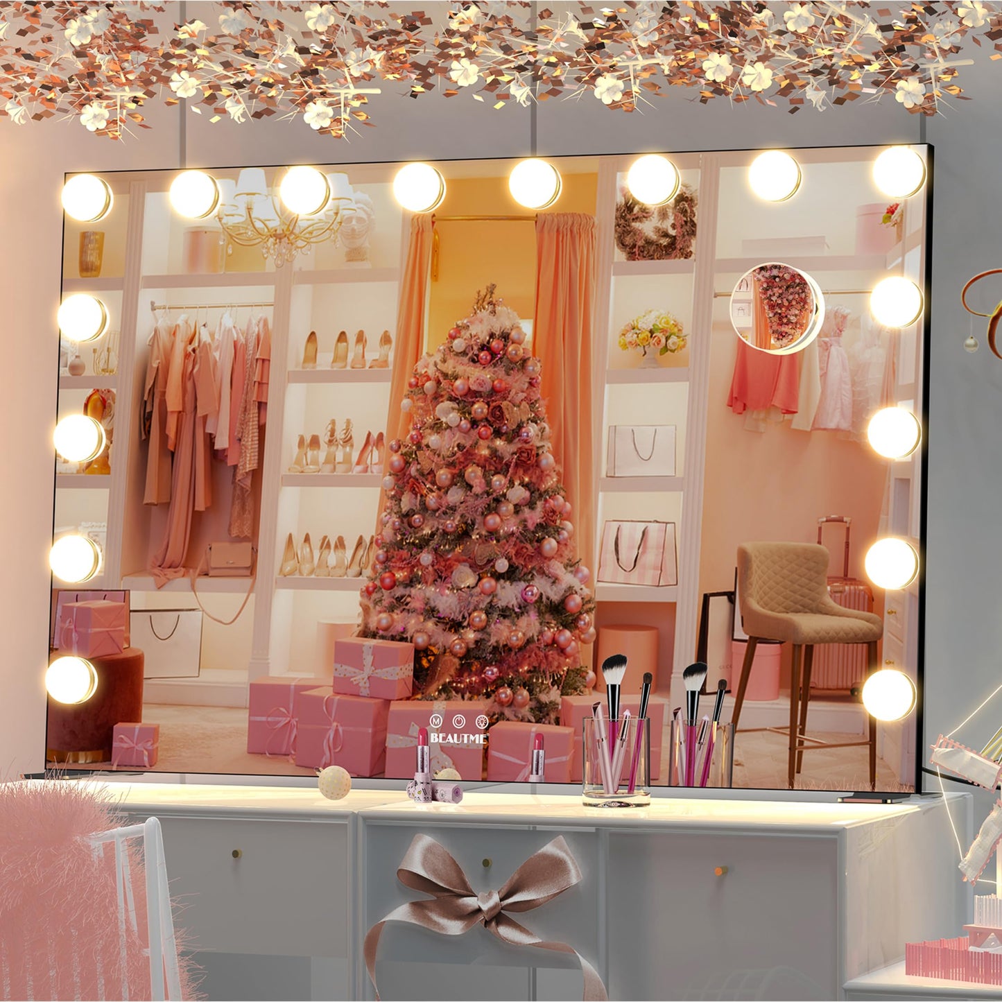 BEAUTME Large Vanity Mirror with Lights, 35.9''×24.3'' Hollywood Makeup Mirror with 16 Dimming LED Bulbs, 3 Lighting Modes, Touch Control, Tabletop or Wall Mounted, Black