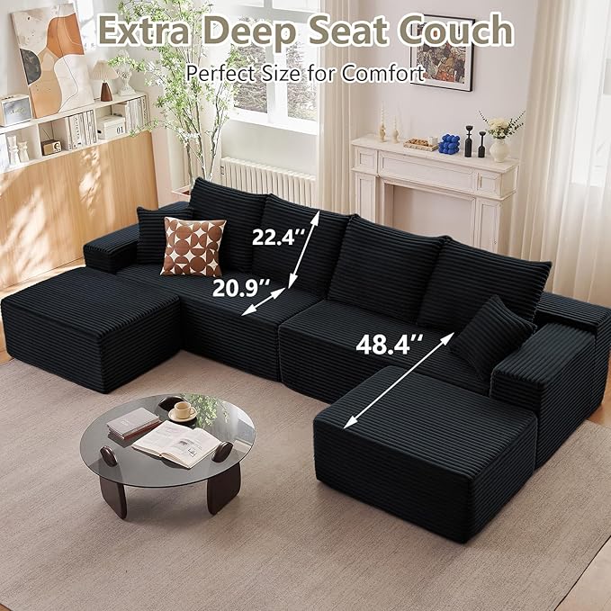 140" Sectional Cloud Couch for Living Room, Modular Floor Deep-Seat Sofa, Big Comfy Corduroy Couches Set with Fluffy Memory Foam, Stupendous U Shaped Sofas, No Assembly Required, Black