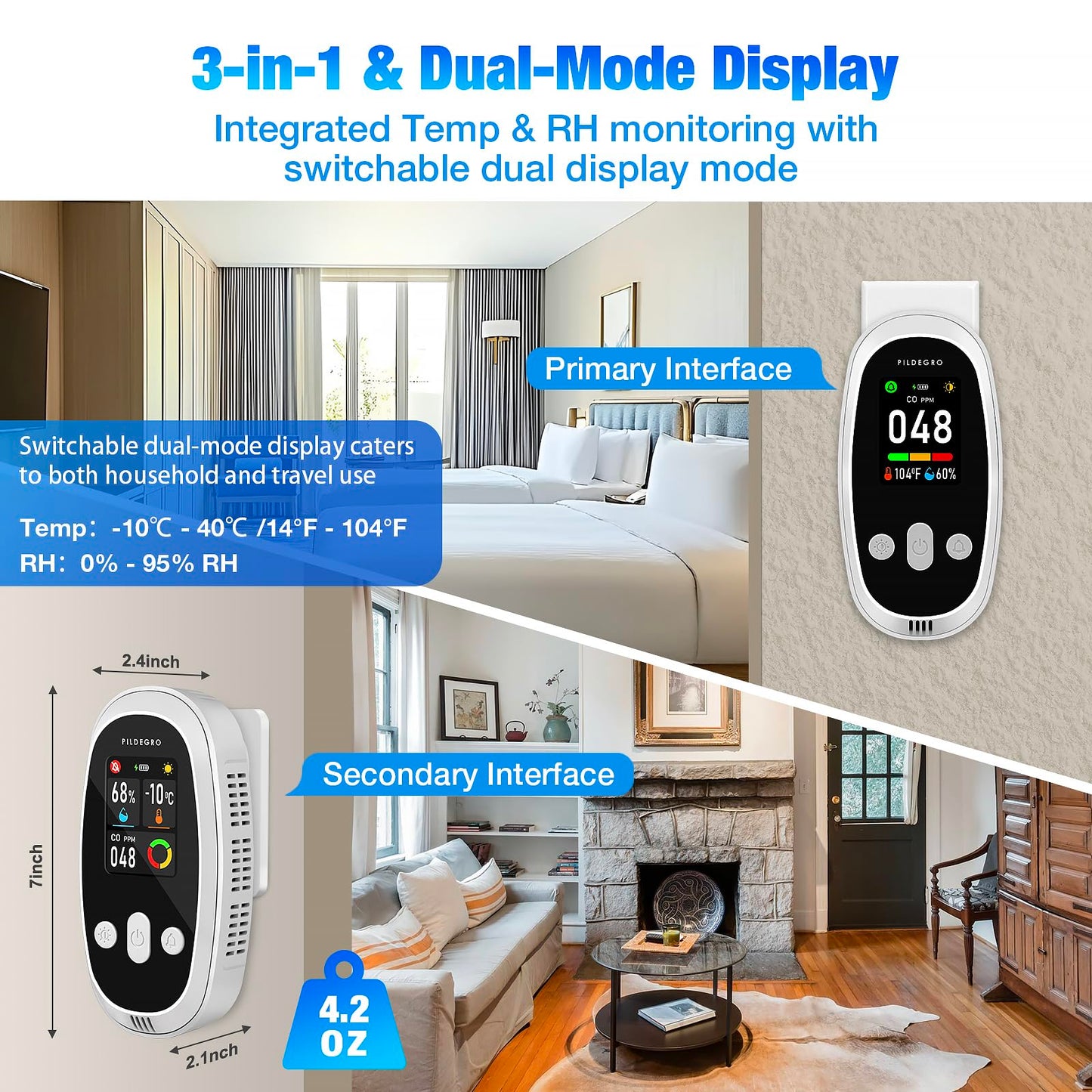 Pildegro Carbon Monoxide Detectors Plug in with Rechargeable Battery Backup, Upgraded 10-Year Sensor, Dual-Mode LED Display, Real-Time Portable CO Monitor with Temp & RH for Home and Travel