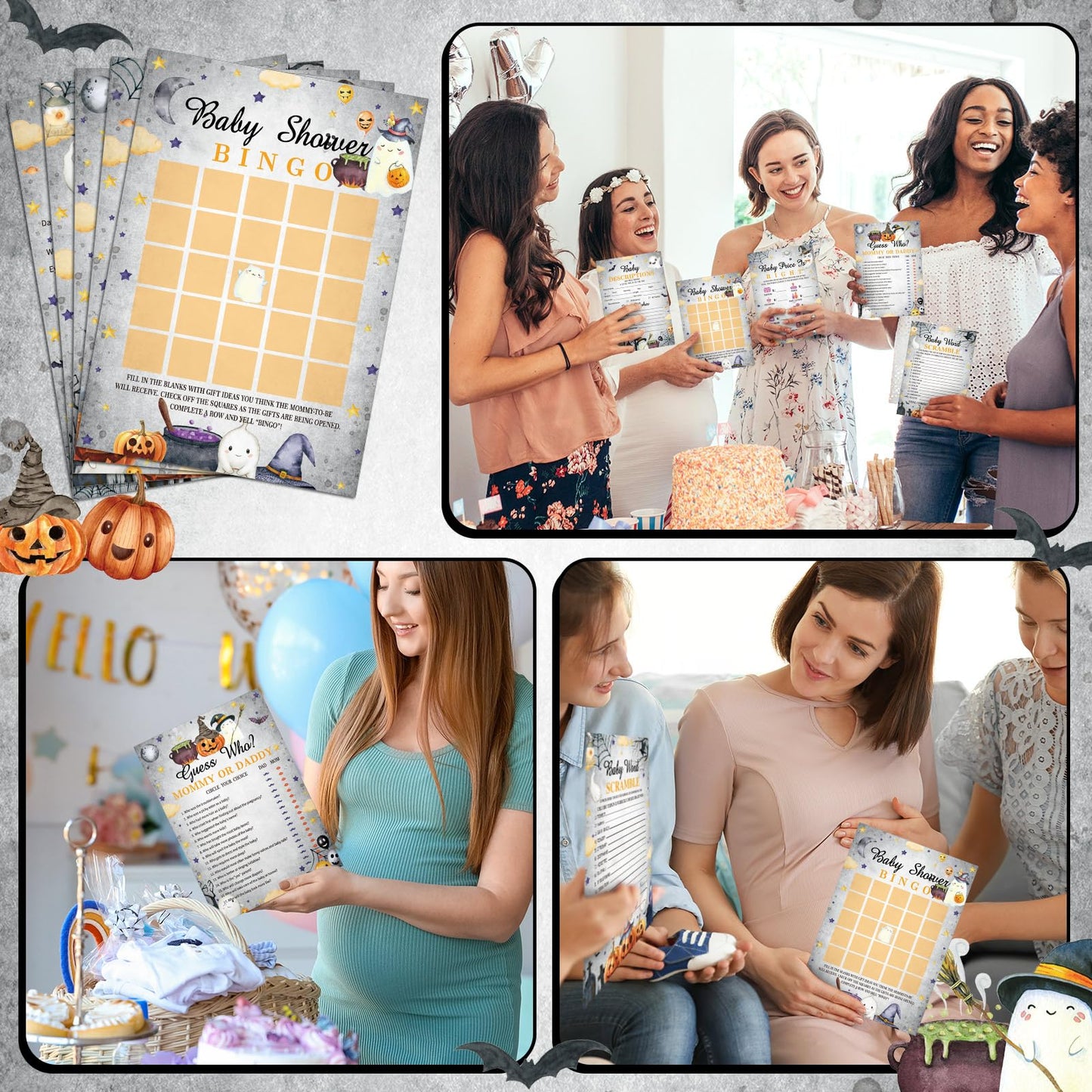 Yinder 145 Pcs Halloween Baby Shower Games Girl or Boy Activities Cards Baby Bingo Description and Wishes Guess Who Mommy or Daddy Price is Right Word Scramble Game