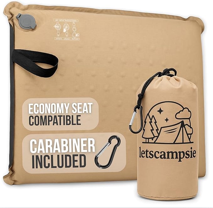 Inflatable Seat Cushion – Stadium, Airplane & Travel Comfort - 2 Inch Thick Self-Inflating Foam, Perfect for Bleachers, Camping, Office, Car - Includes Travel Bag and Carabiner