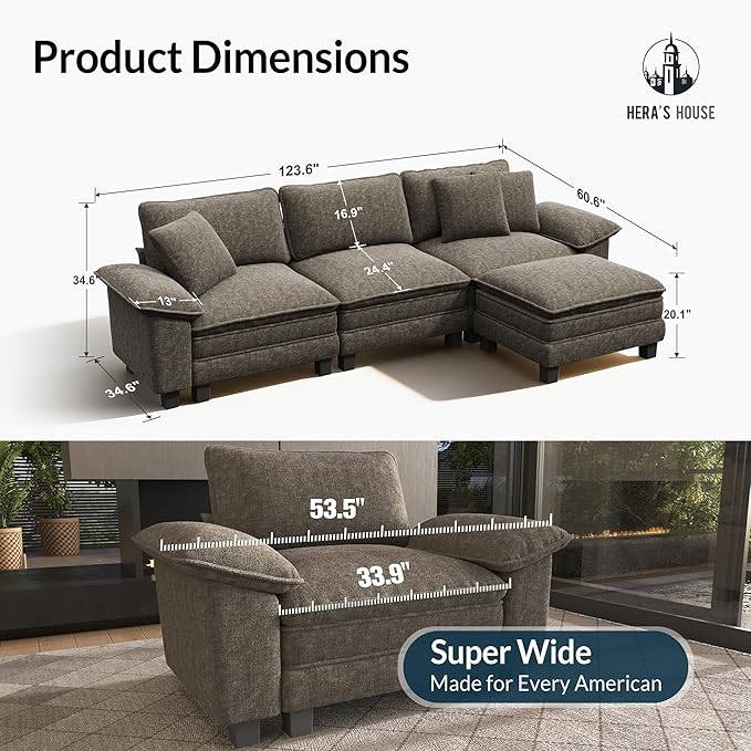 HERA'S HOUSE 124" Modular Sectional Sofa, Oversized L Shaped Couches for Living Room, Comfy Cloud Couch with Ottoman, 4-Seater Deep Seat Sofa with Throw Pillow, Chenille Ash