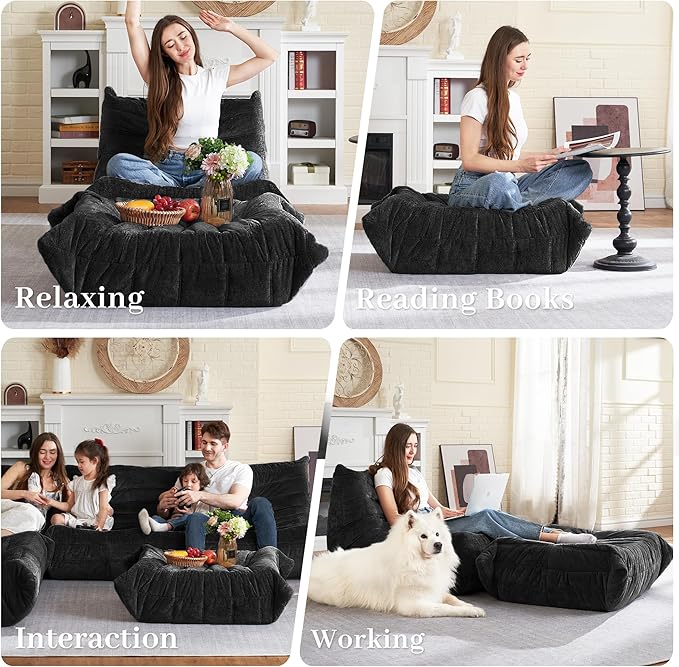 HABUTWAY Bean Bag Ottoman,Foot Rest,Fireside Chair Memory Foam Lazy Bean Bag Sofa for Living Room,Bedroom,Dorm,Office (Ottoman-Black)