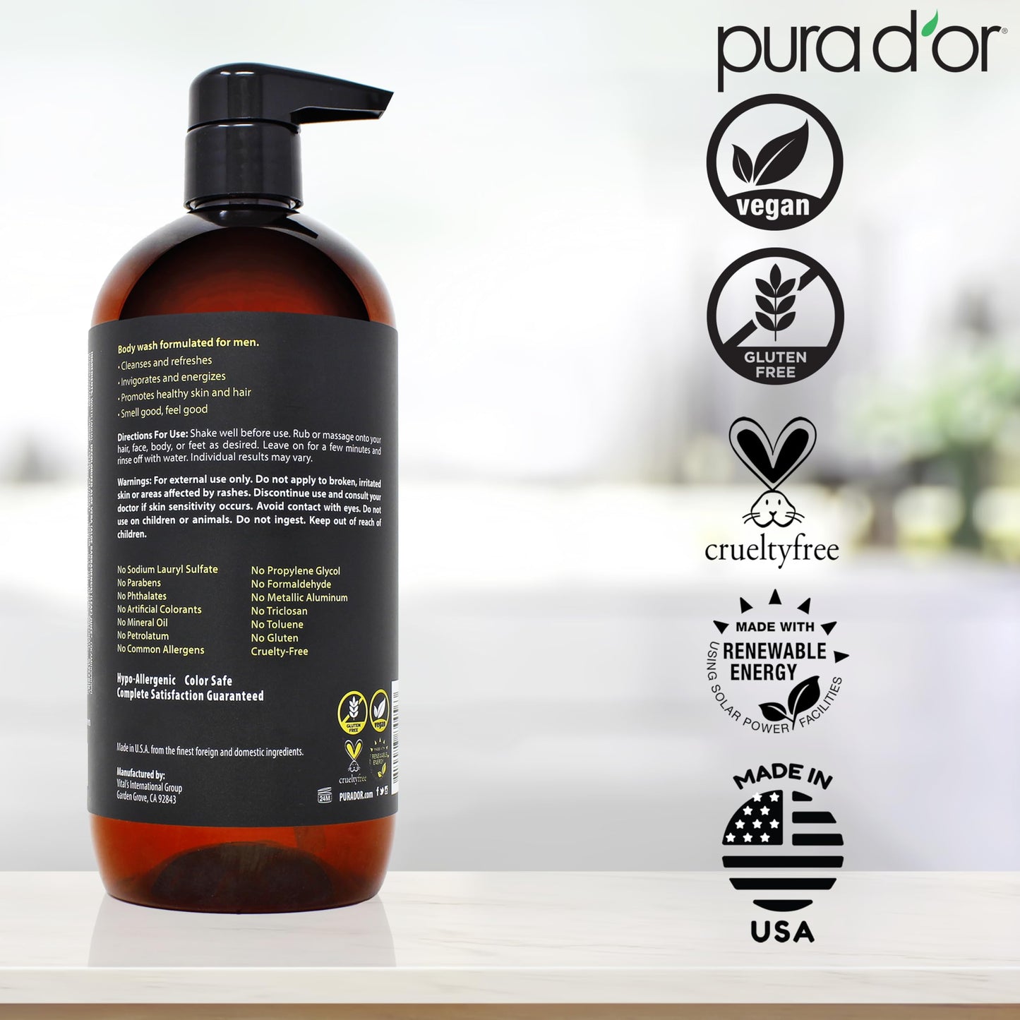 PURA D'OR 24 Oz 8-in-1 Hair & Body Cleanser For Men - Sulfate-Free, Multi-Use Wash for Hair, Face, Beard & Body, with Organic Al