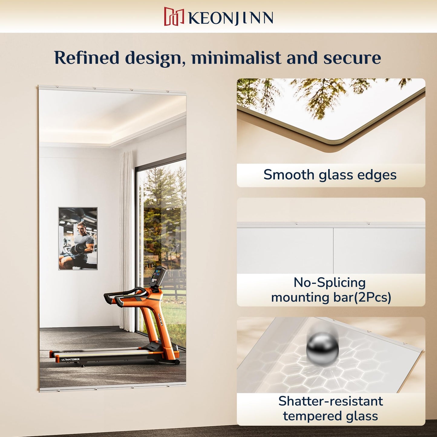 Keonjinn Home Gym Mirror, 65" x 24" - 2PCS Workout Mirrors for Home Gym, Frameless Tempered Glass, Full Body Wall Mirrors for Fitness Exercise, Yoga Room, Dance Studio, Bedroom, Garage