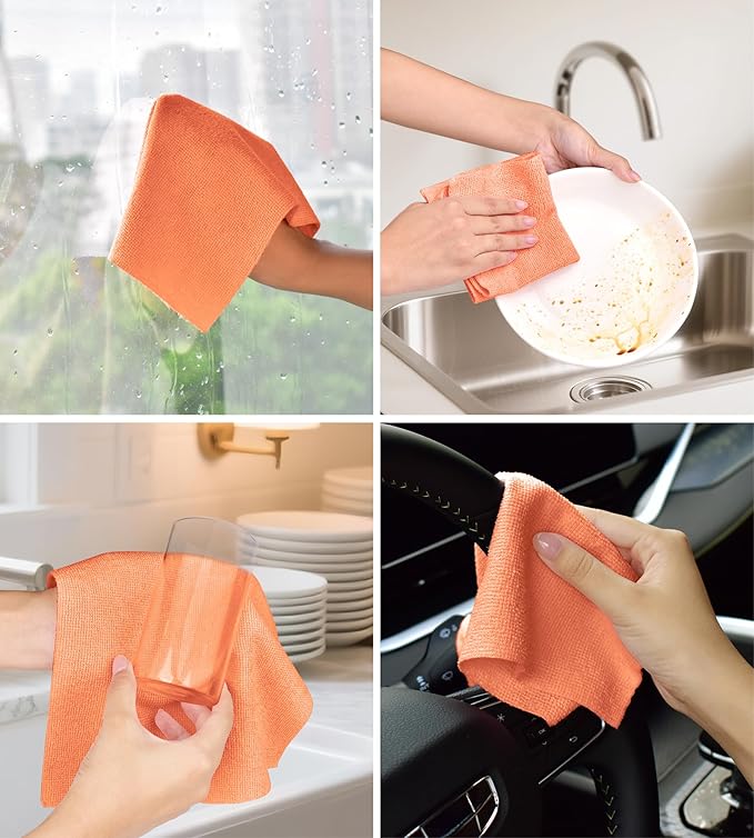 Microfiber Cleaning Cloth Roll–100 Pack, Tear Away Microfiber Towels, Reusable, Washable, Scratch-Free, Kitchen Towels for Car, Home, Kitchen, Glass, Dishes(Honey Orange)