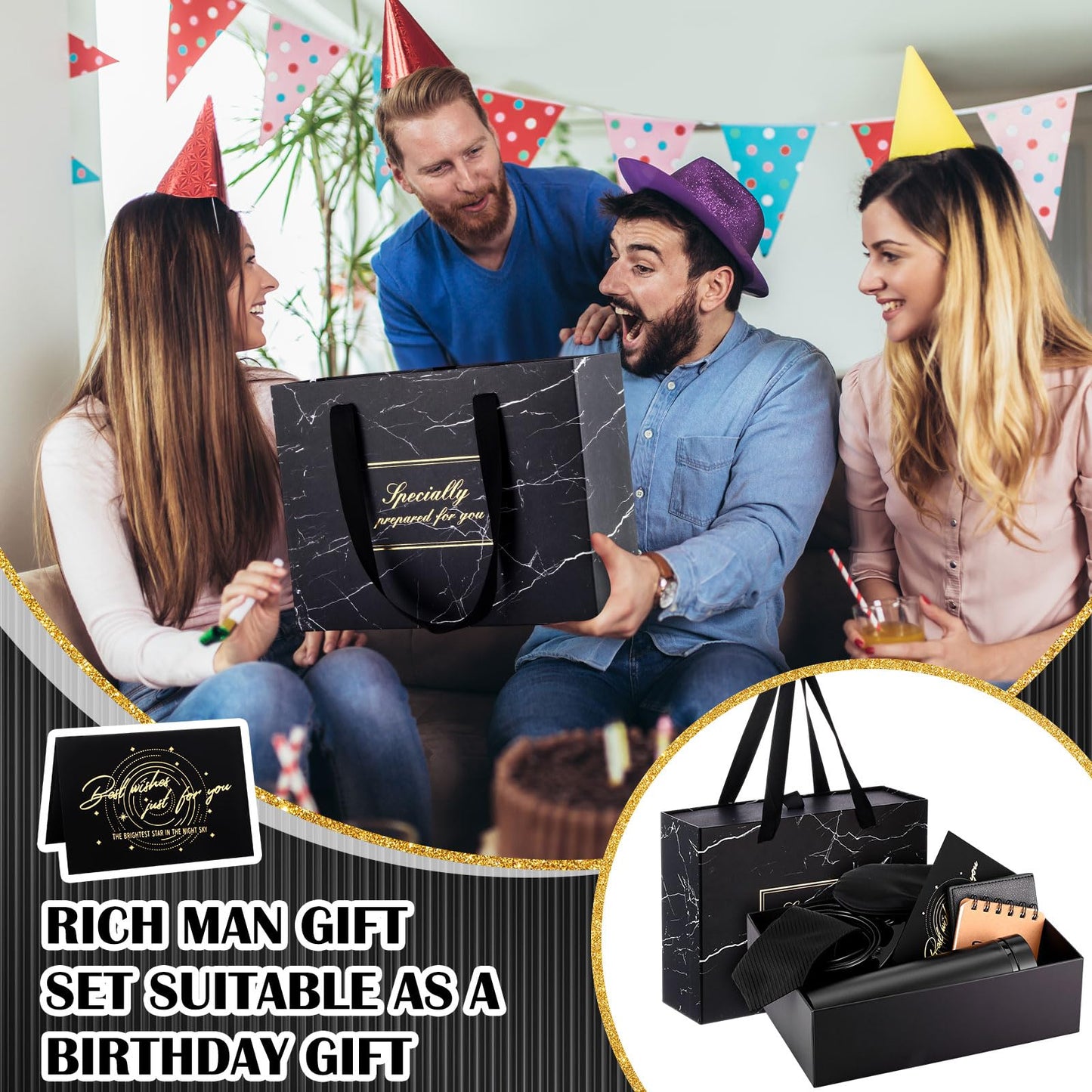 AmazingSpark 2 Pcs Birthdays Gift Baskets for Men Box 16 oz Tumbler Wallet Eye Mask PU Leather Belt Tie Keychain Pen Journal Hat Card Set for Dad Husband Brother(Business Gift Box)