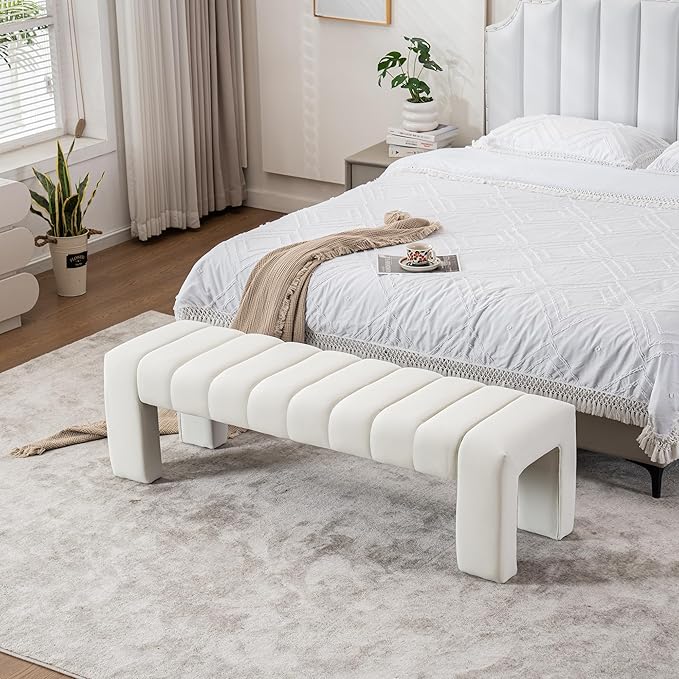 AIITTCC Velvet End of Bed Bench Upholstered Modern 59" Bedroom Bench for King Bed Bench Tufted Window Bench Comfy Long Ottoman for Living Room/Entry/Indoor (Ivory White, 59" Wide)